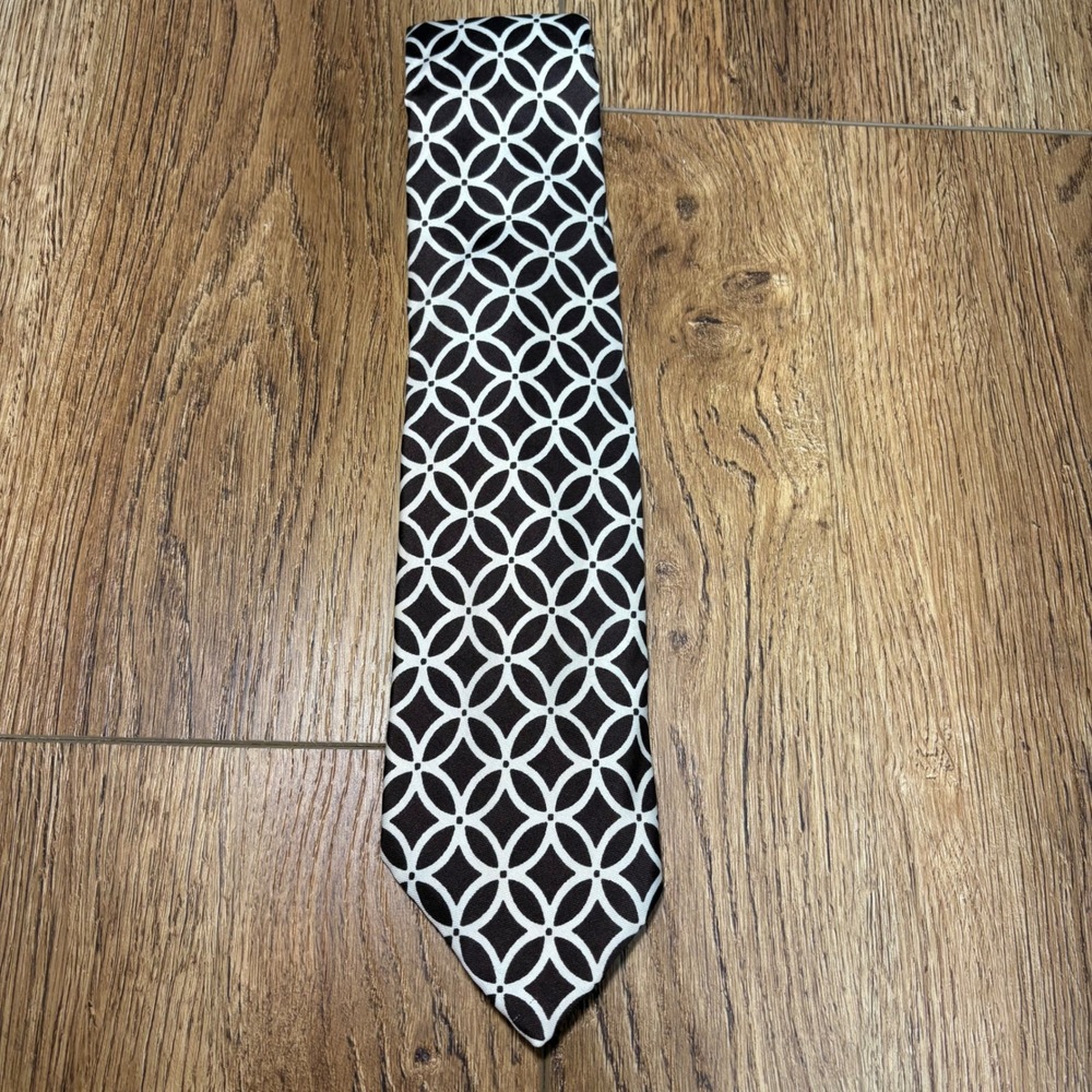 VTG Sears Kings Road Shop Mens 100% Silk Tie Brown Geometric AOP‎ Luxury retro